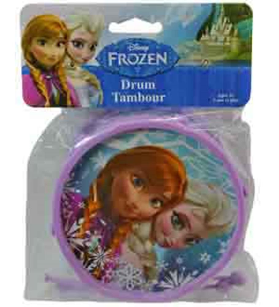 Round children's drum with purple rim featuring Anna and Elsa from Disney Frozen on the drumhead.