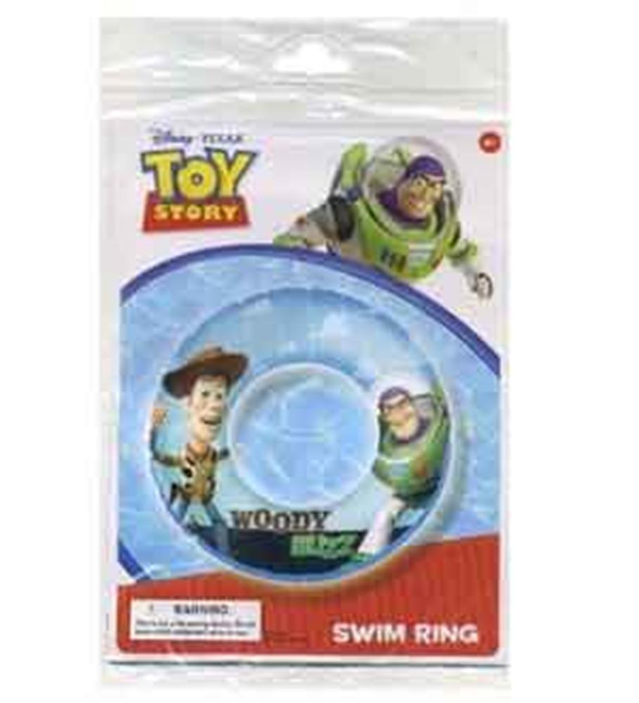 Blue inflatable swim ring featuring Toy Story characters Woody and Buzz Lightyear with Disney Pixar branding.