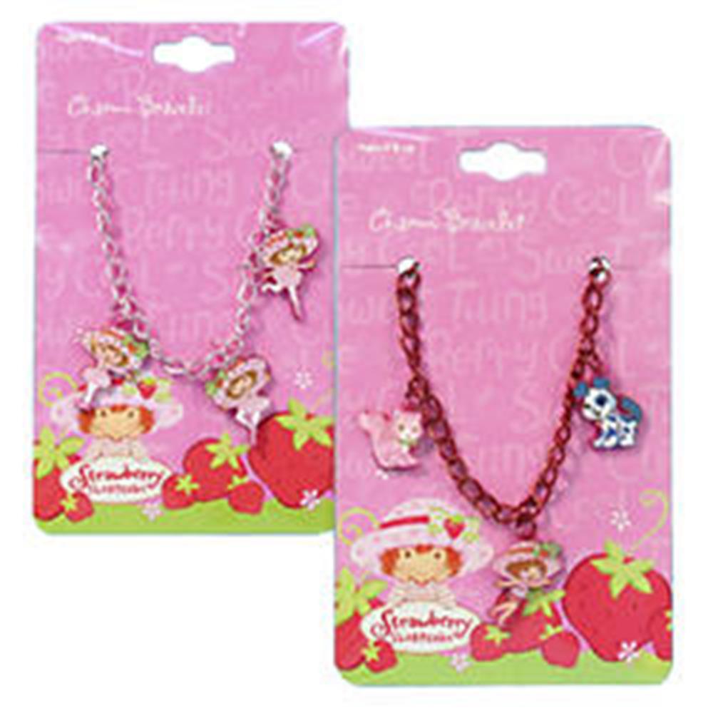 Two strawberry-themed charm bracelets with chain links, pink and red colors, on pink strawberry-patterned cards.