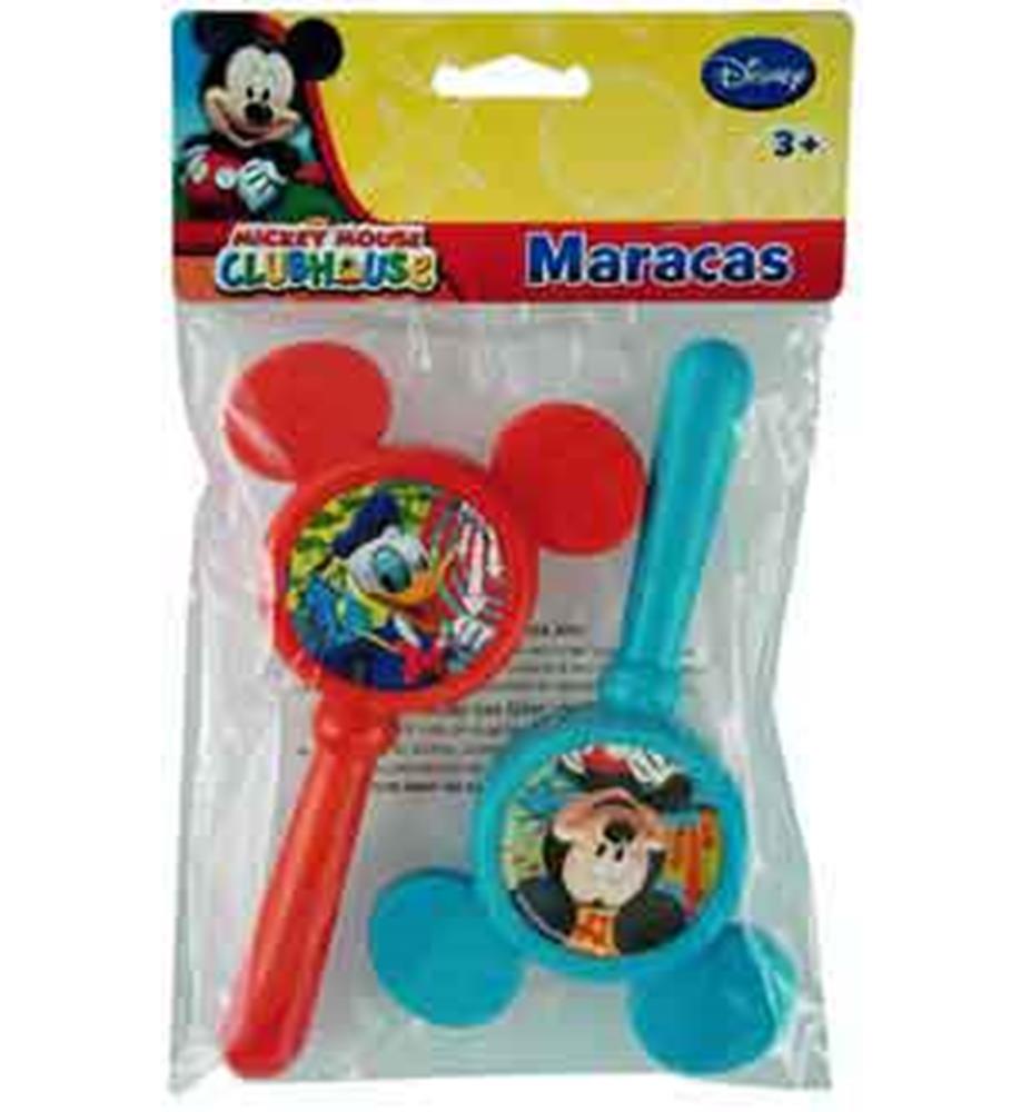 Red and blue plastic maracas featuring Mickey and Minnie Mouse designs, each with round handles and character ears.
