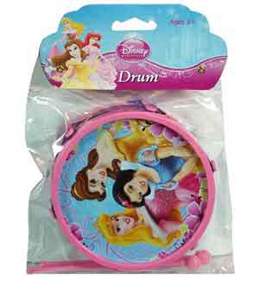 Round pink toy drum with Disney Princesses Belle, Snow White, and Aurora on the drumhead.