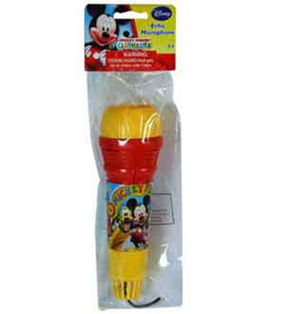Yellow and red plastic Mickey Mouse-themed echo microphone toy with character graphics on handle, packaged in clear plastic.