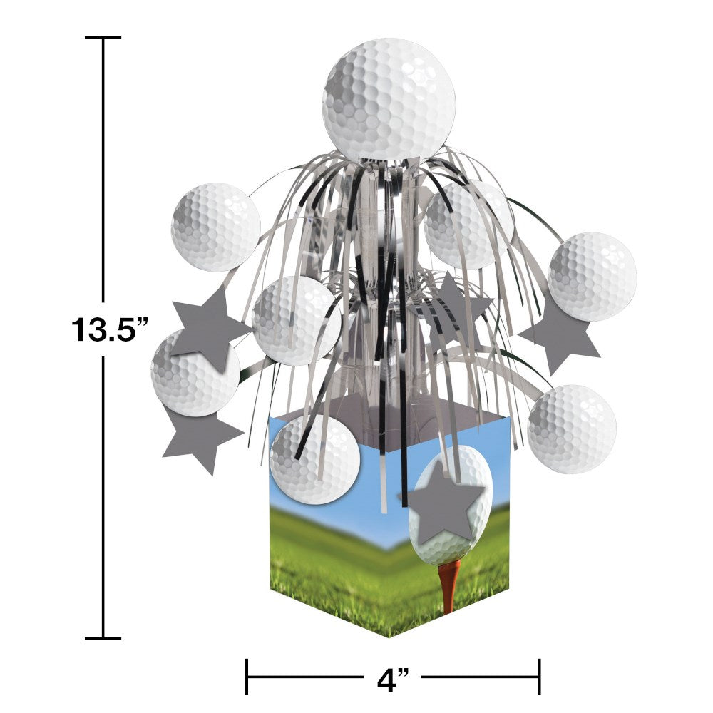 White golf balls on silver metallic cascading strands with silver star cutouts in a green golf course-themed base.