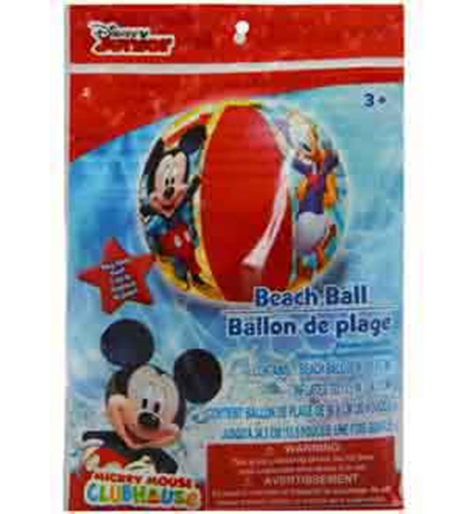 20-inch inflatable beach ball with colorful red, blue, and white panels featuring Mickey Mouse and friends illustrations.