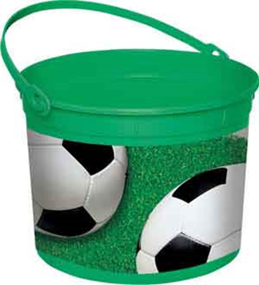 Green plastic bucket with black and white soccer ball design on grass background and green handle.