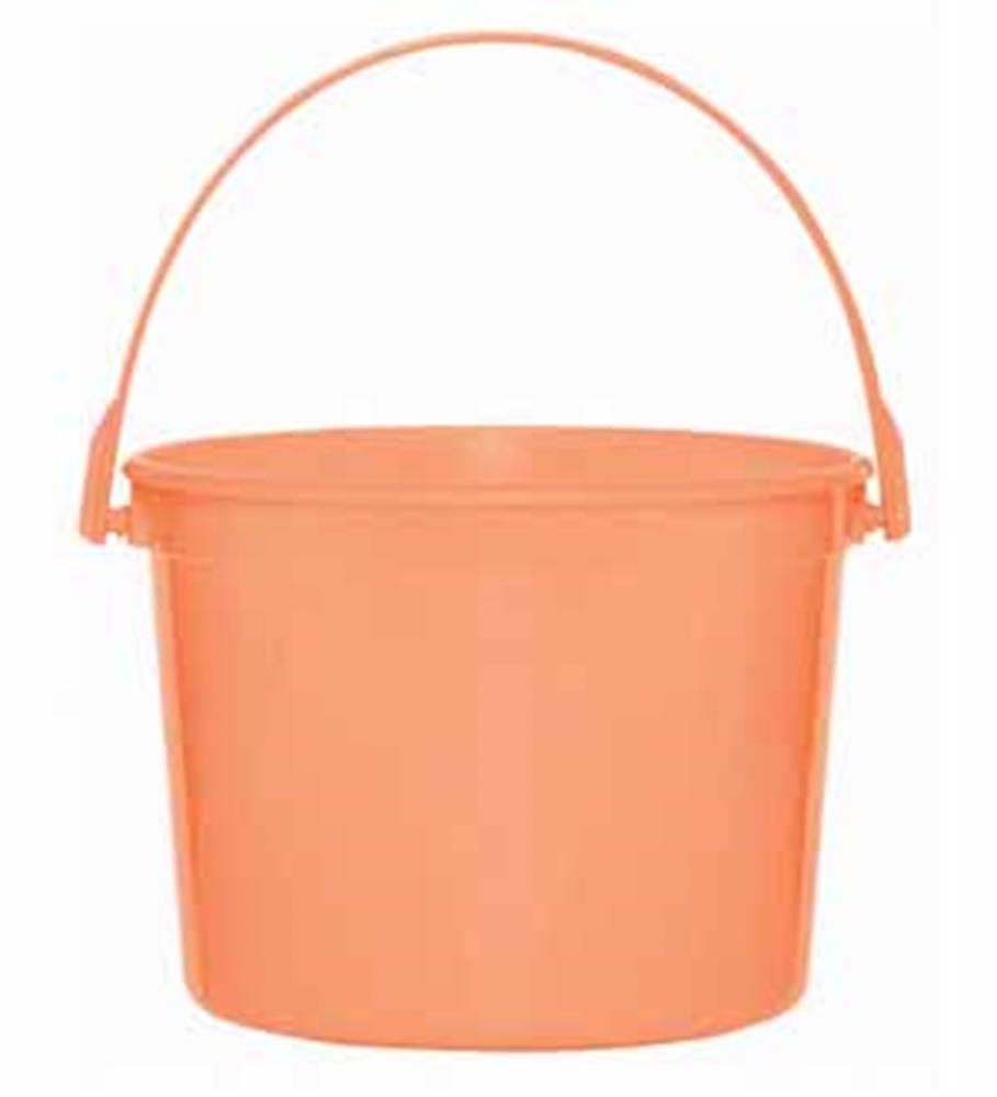 Orange plastic bucket with a handle, smooth surface, and round shape.
