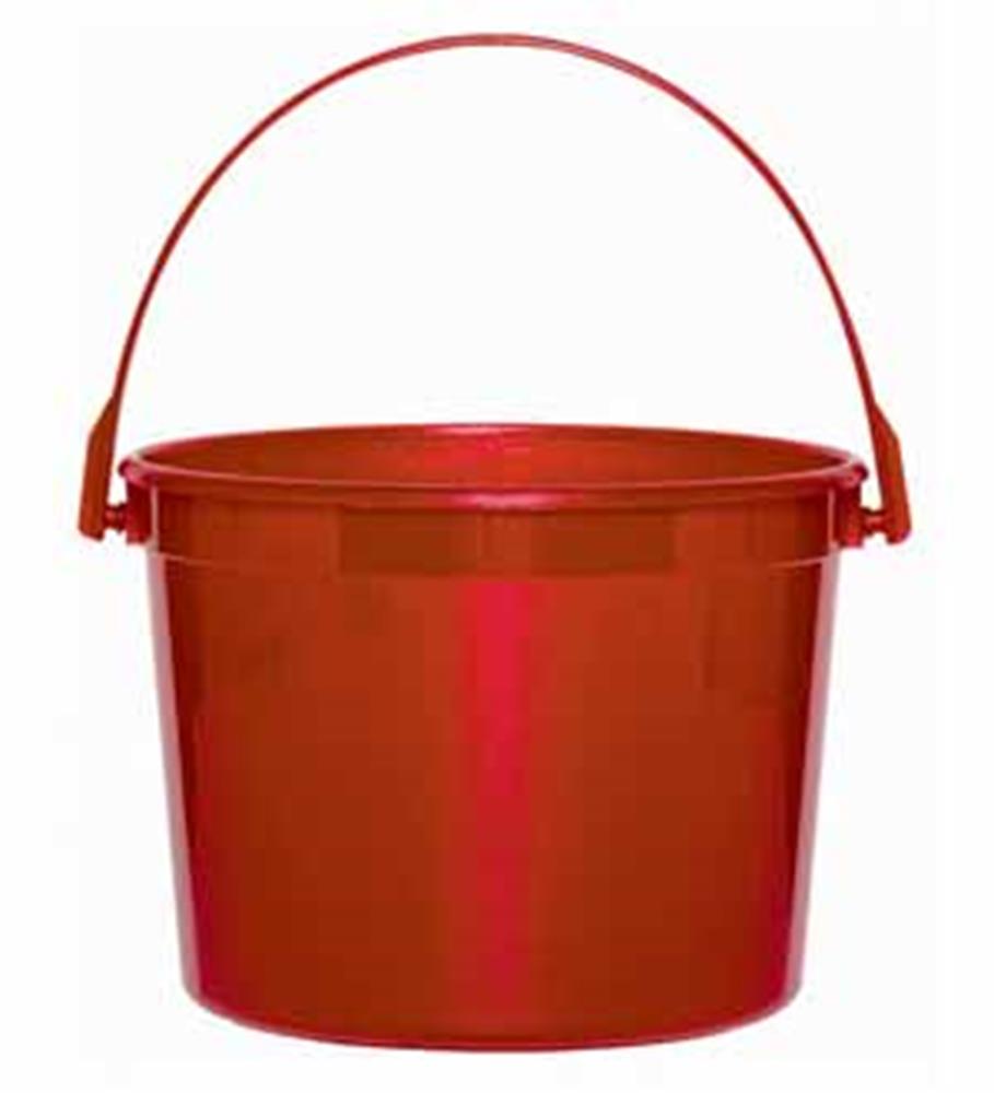 Glossy apple red plastic bucket with round shape and flexible handle.