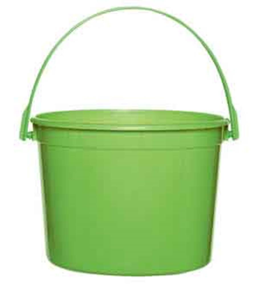 Green plastic bucket with handle, smooth finish, 6-inch diameter, 4.5-inch height.