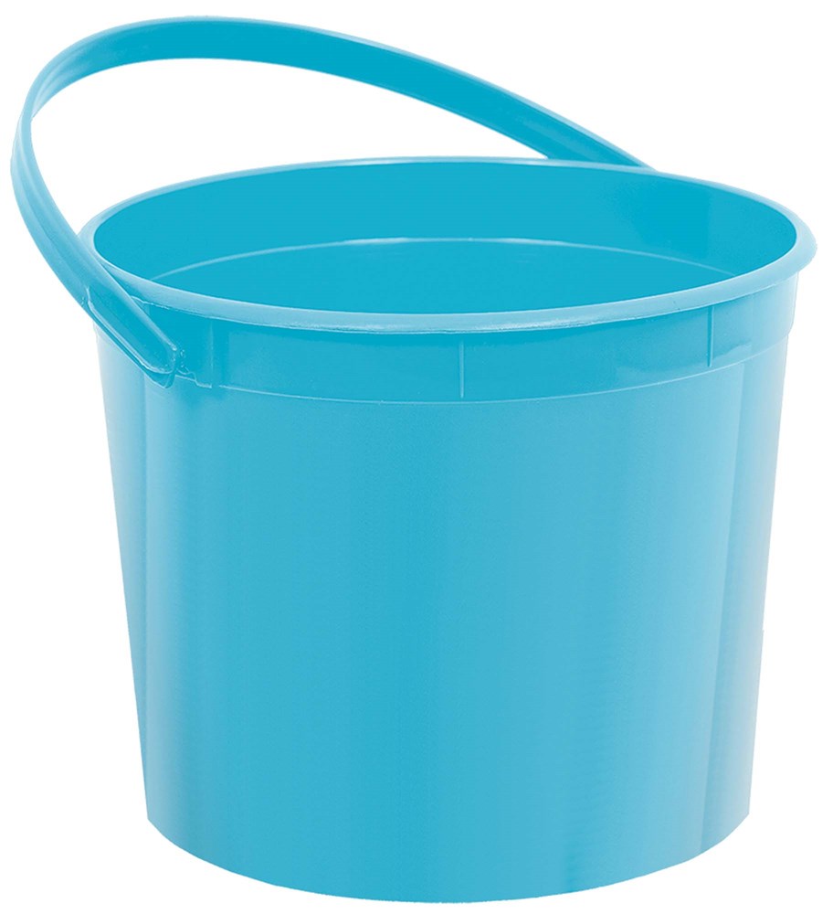Caribbean blue plastic bucket with rounded sides and integrated handle.