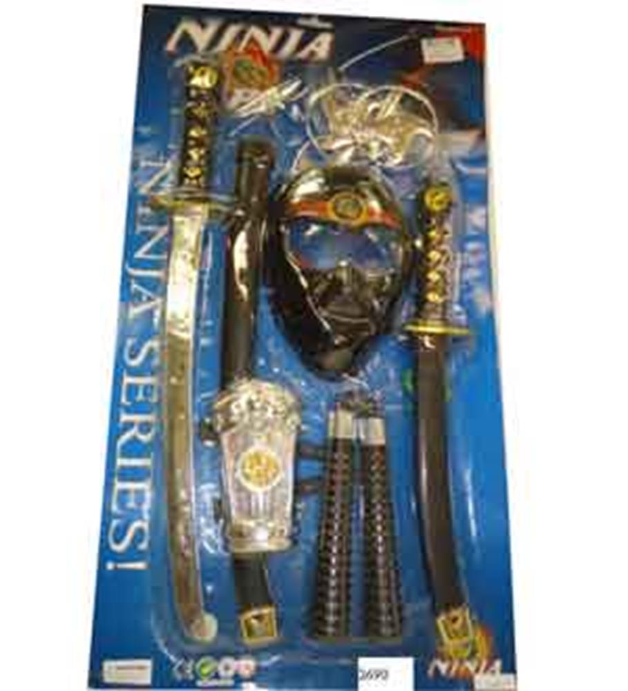 Black ninja mask with gold and black toy sword, dagger, nunchaku, and silver throwing stars on blue backing card.