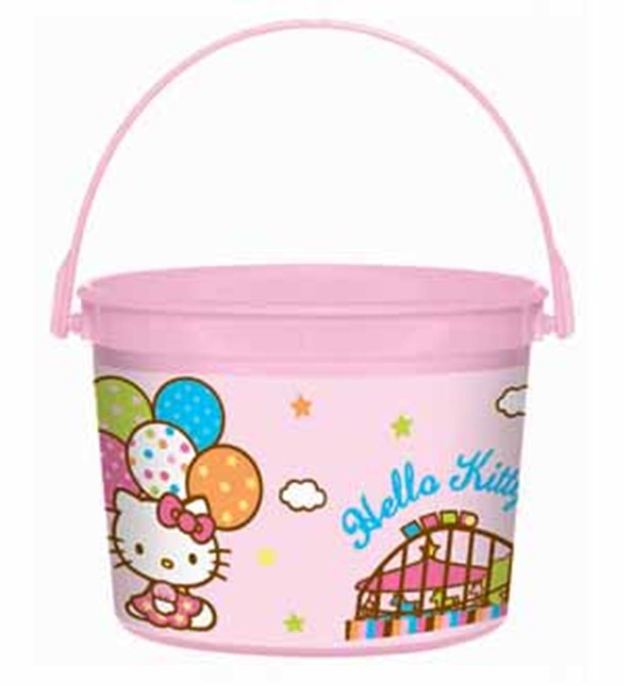 Pink plastic bucket favor container with Hello Kitty holding colorful balloons and a Ferris wheel illustration.