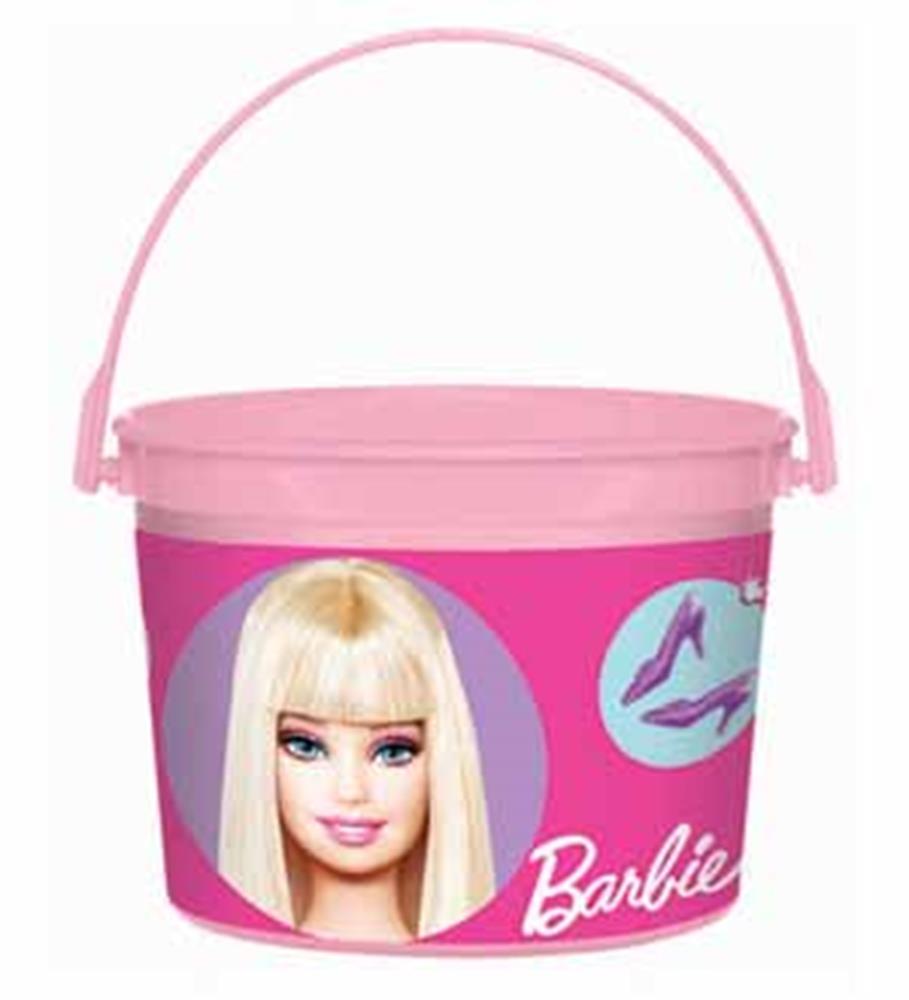 Pink plastic bucket with Barbie's face, shoe graphics, and Barbie logo on the side.