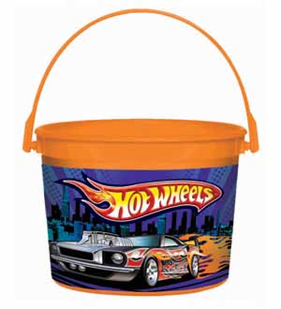 Orange plastic bucket with Hot Wheels logo and muscle car graphic, handle included.