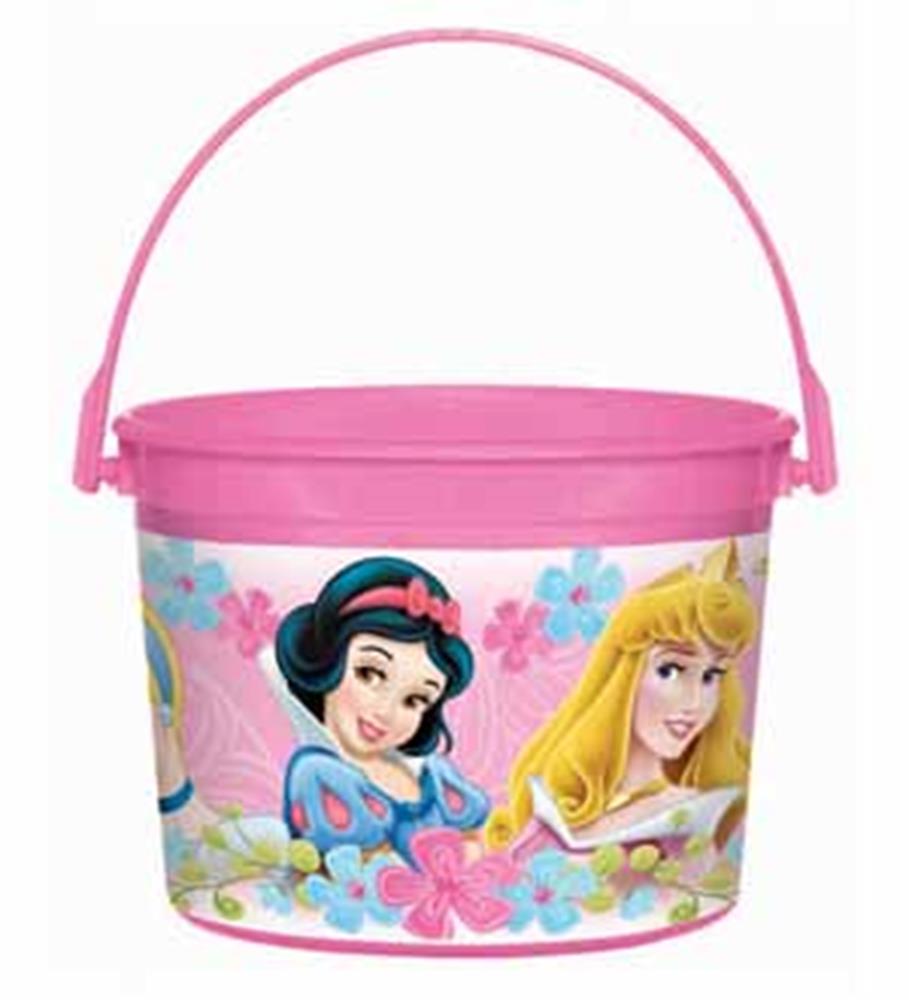 Pink plastic favor container with handle, decorated with Disney princesses and colorful floral accents.