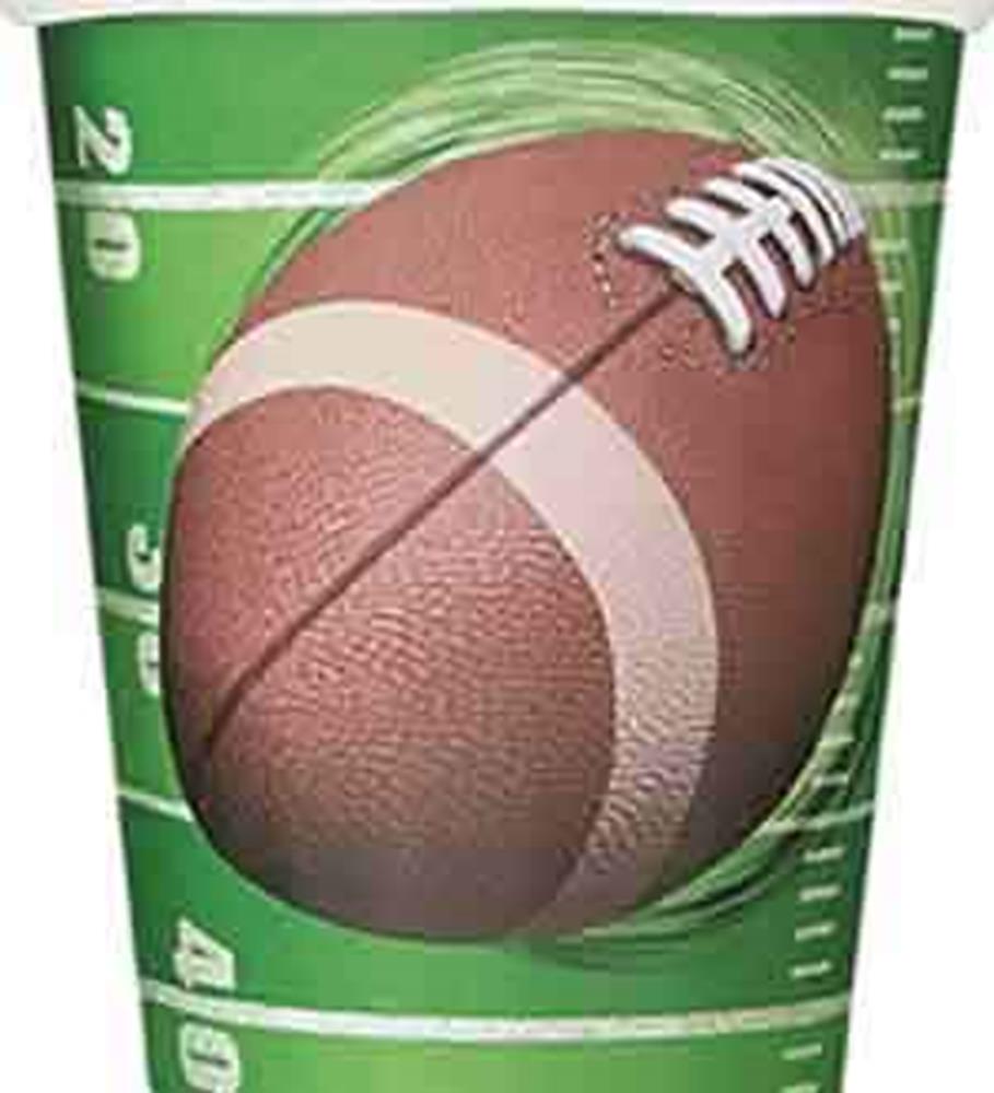 Green 9oz paper cup with football graphic and white yard line markings, pack of eight.