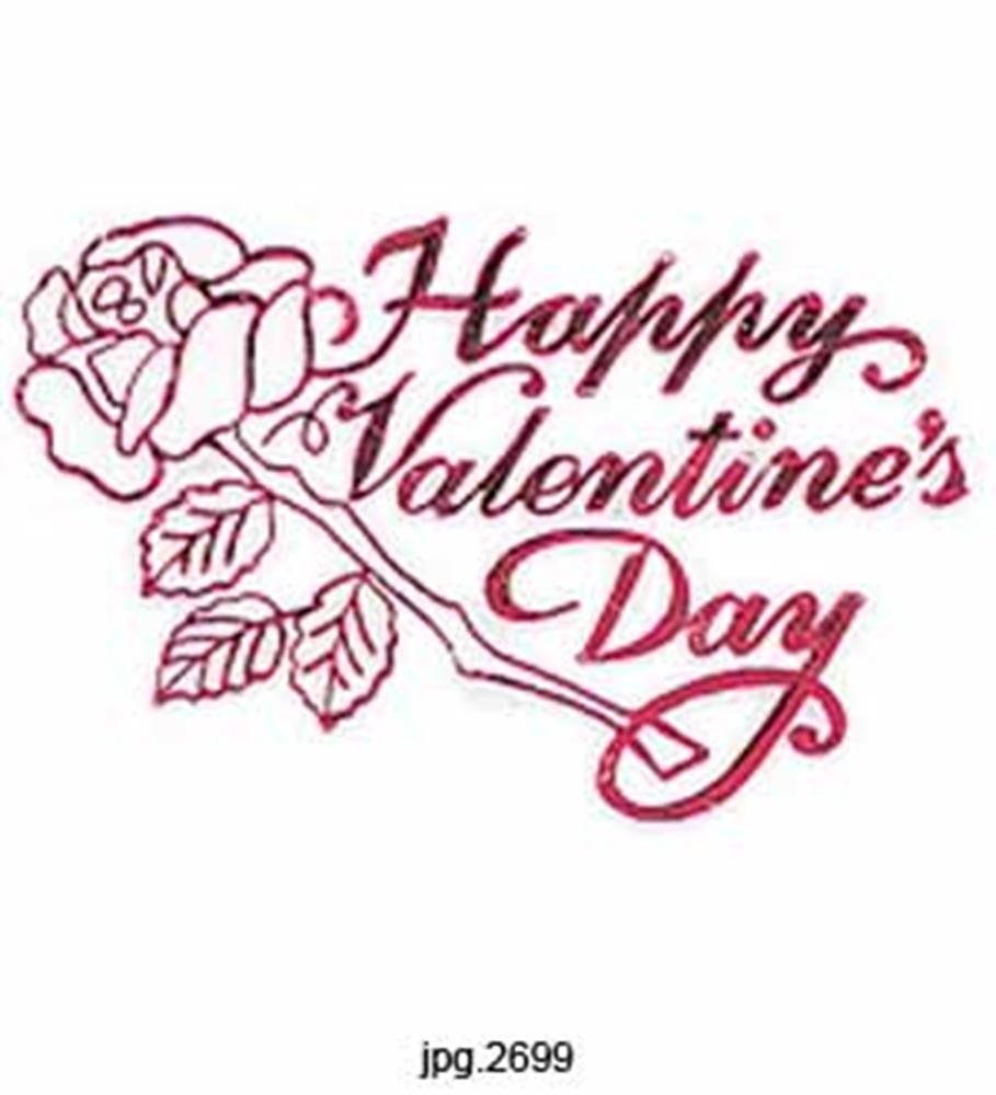 Red glittery script saying "Happy Valentine's Day" with a decorative rose and leaves design.