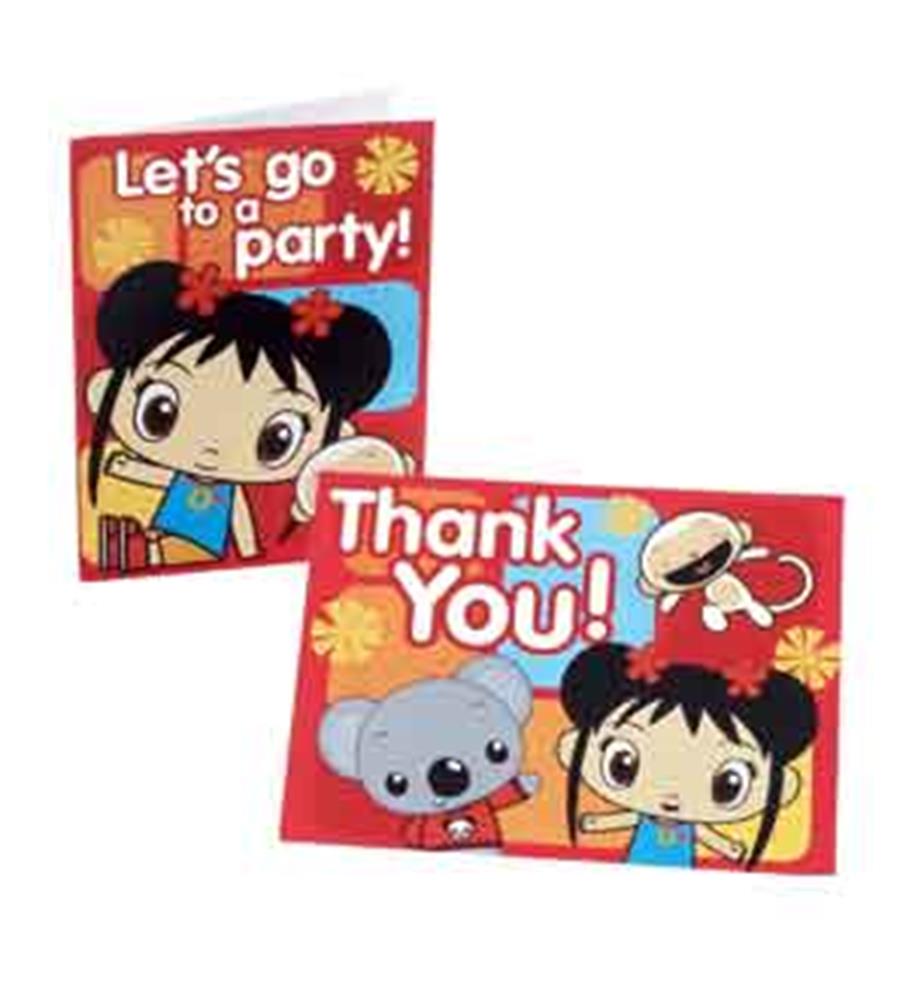 Red invitation and thank you cards featuring cartoon characters Ni Hao Kai-Lan, with "Let's go to party!" and "Thank You!".