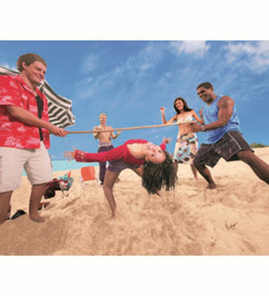 Black and red lightweight limbo pole held by two men on a sandy beach under blue sky.