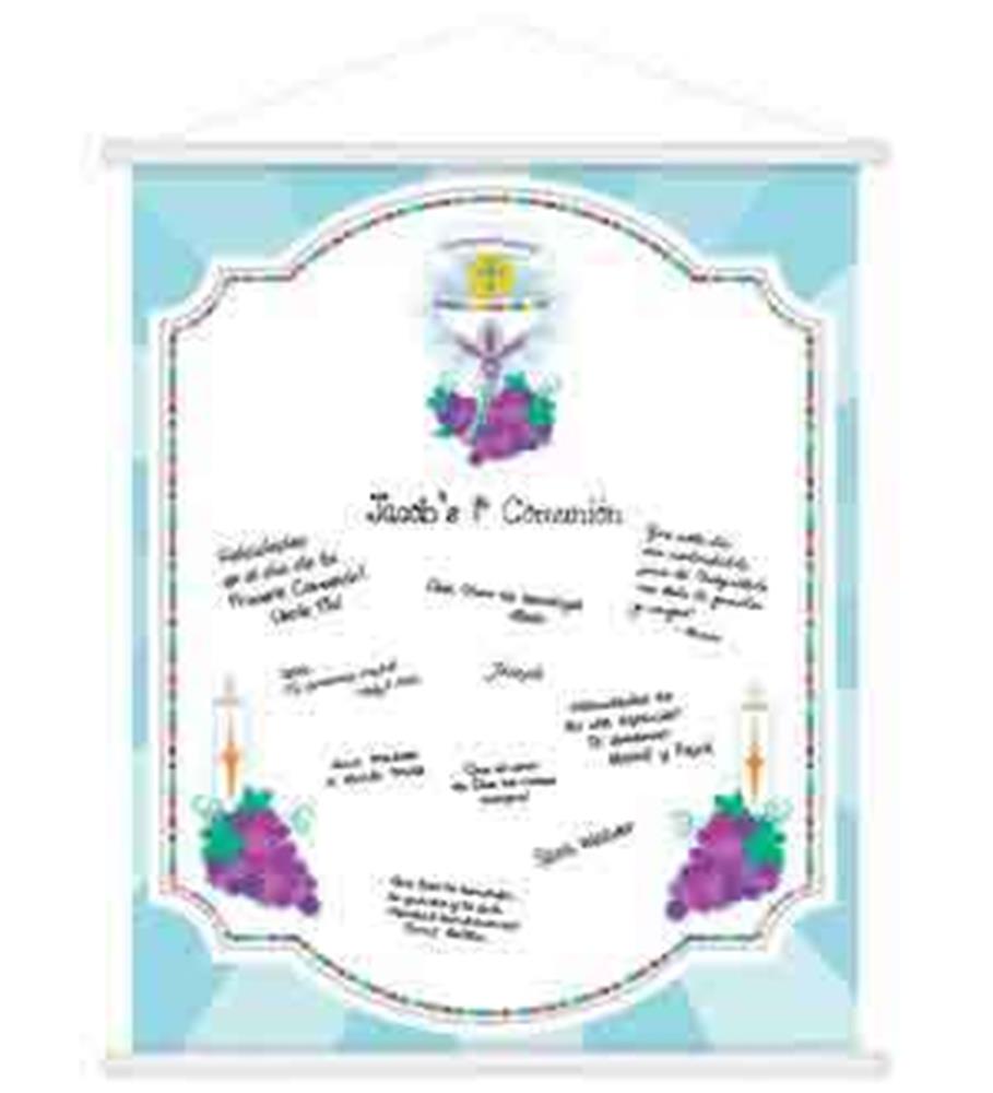 Blue-framed scroll with Chalice and grapes illustration, space for communion sign-in messages.