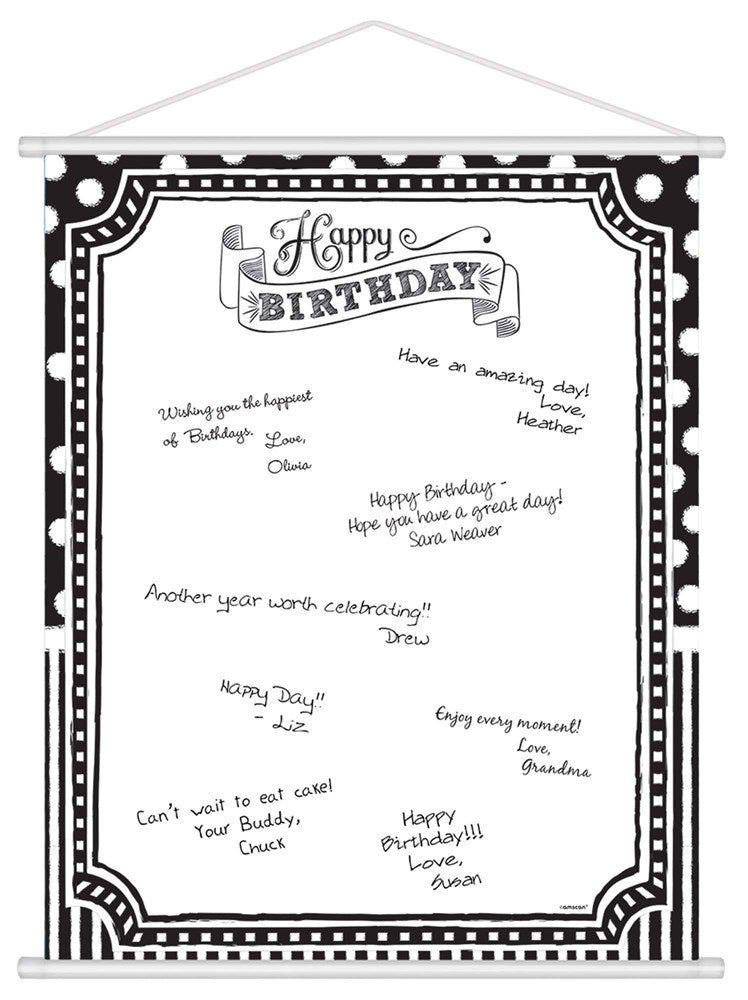 Black and white scroll sign with "Happy Birthday" banner and decorative border for personalized messages.