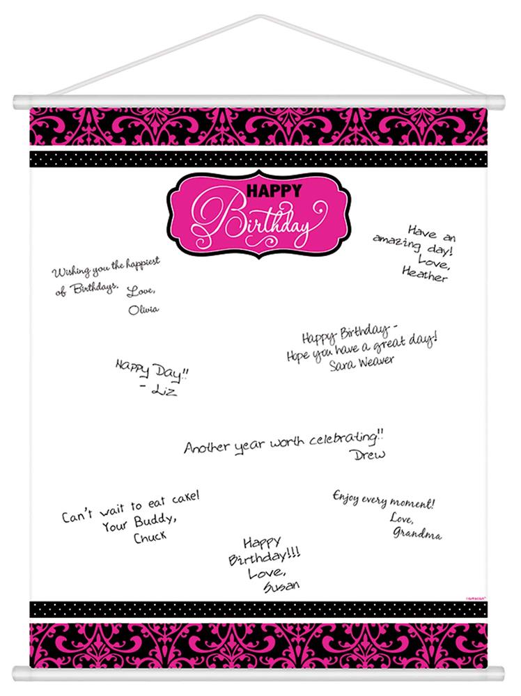 Black and pink scroll sign-in sheet with decorative border and "Happy Birthday" text at center.