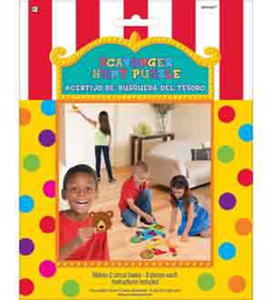 Colorful carnival-themed puzzle box with kids playing superhero treasure hunt game indoors.