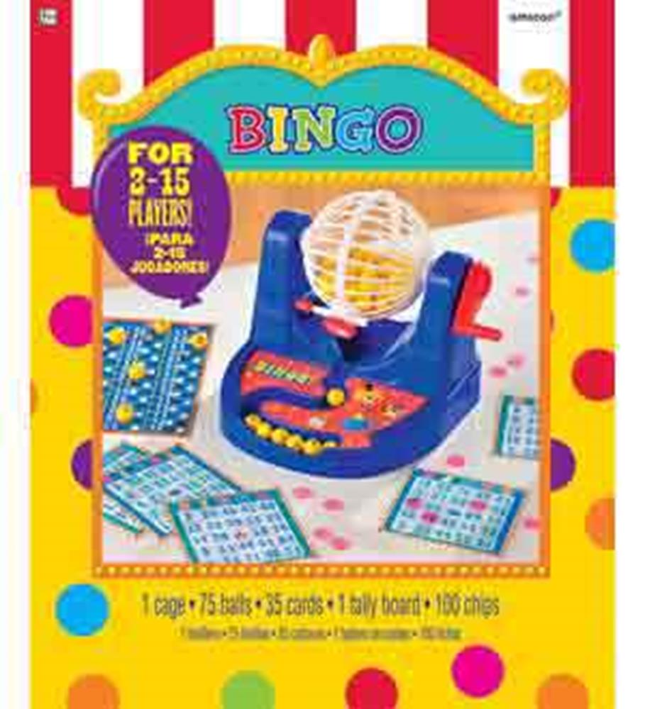 Colorful carnival-themed bingo game set with blue base, yellow and red accents, a white cage, numbered cards, and red and.