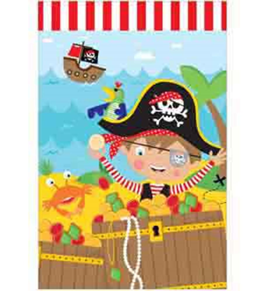 Colorful pirate-themed game box featuring a smiling pirate boy with a black hat, treasure chest, parrot, crab, and ocean.