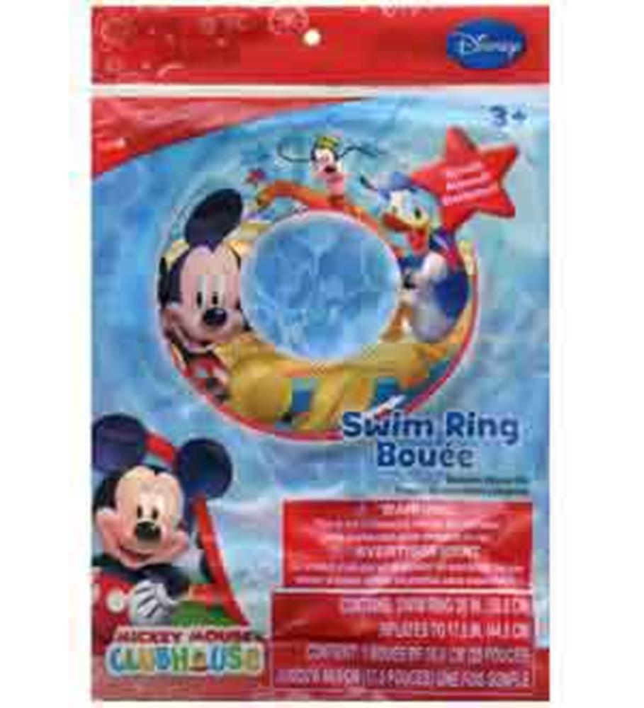 Blue inflatable swim ring featuring Mickey Mouse and friends with red star-shaped tag.