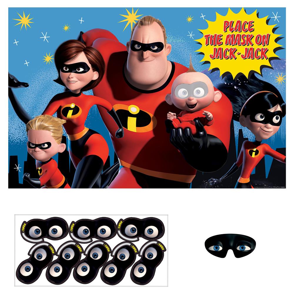 Incredibles 2 party game with colorful superhero characters, includes multiple black eye masks with elastic bands.