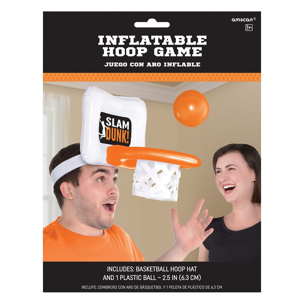 Inflatable basketball hoop hat in white and orange with "Slam Dunk" logo and small orange ball for tossing game.