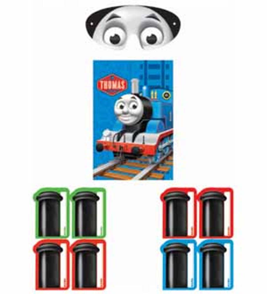 Thomas The Tank Engine-themed party game box with colorful plastic tokens in green, red, and blue.