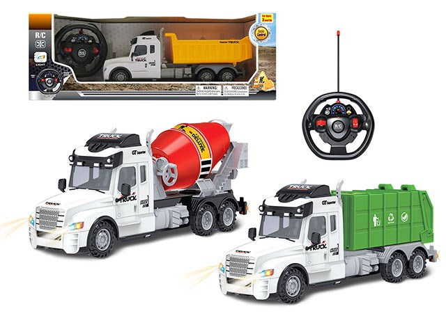 White and gray 14-inch remote control heavy duty truck set with yellow dump bed, red cement mixer, and green garbage truck.