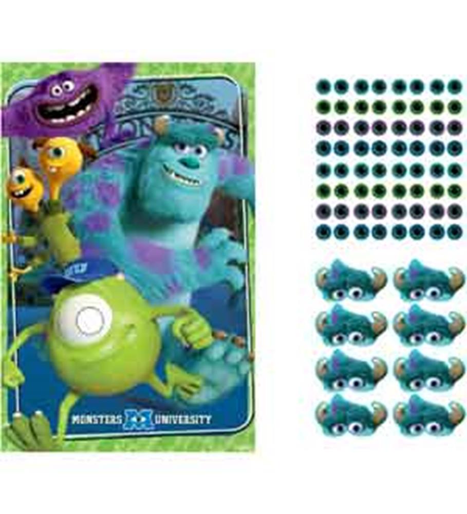 Monsters University-themed party game box with colorful character graphics, blue circular tokens, and small blue monster.
