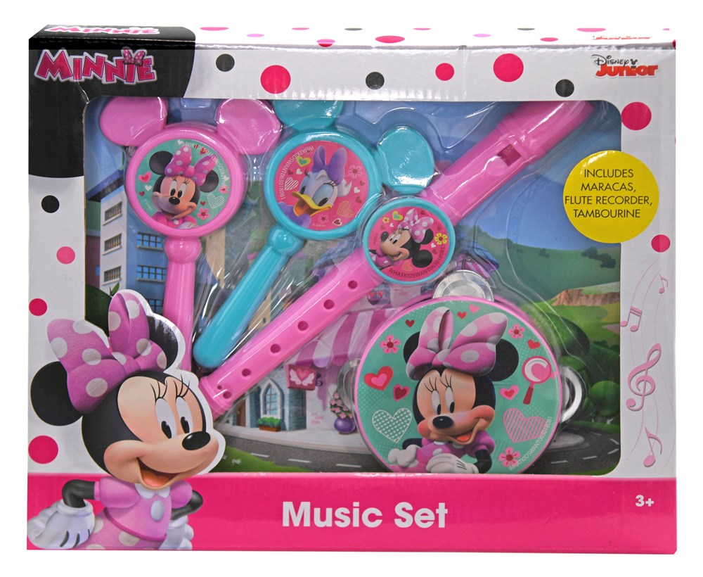 Pink and blue plastic Minnie Mouse-themed kids’ music set with tambourine, drumsticks, recorder, and drum in boxed packaging.