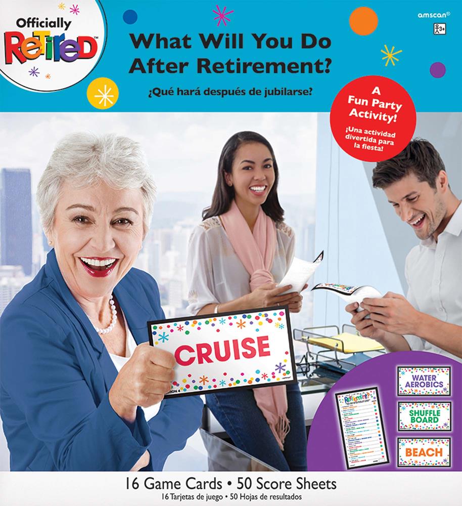 Colorful retirement party game sign held by smiling older woman, featuring bold text and festive confetti design.