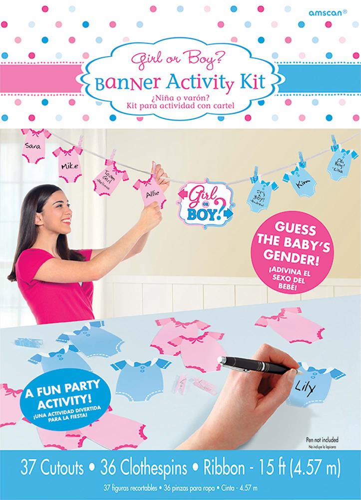 Colorful pink and blue baby onesie cutouts with pens and clothespins for gender reveal party activities.