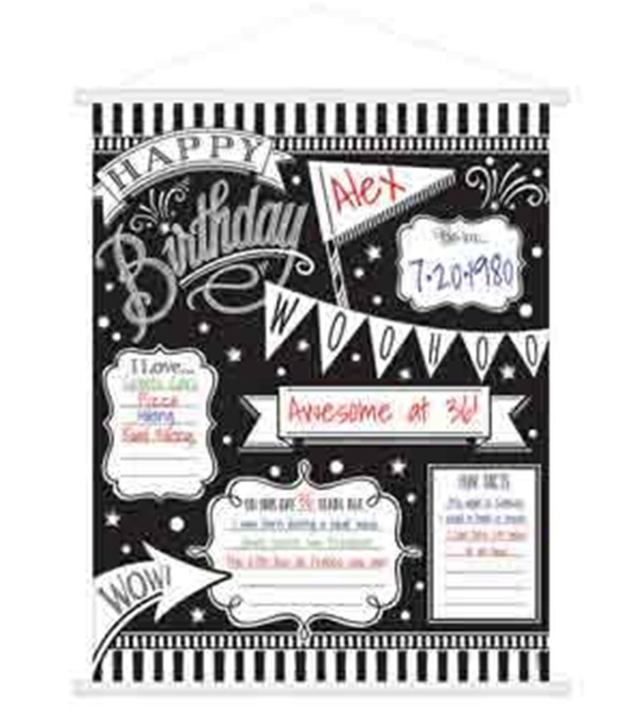 Black rectangular chalkboard sign with white and red text, decorative banners, and sections for personal birthday details in
