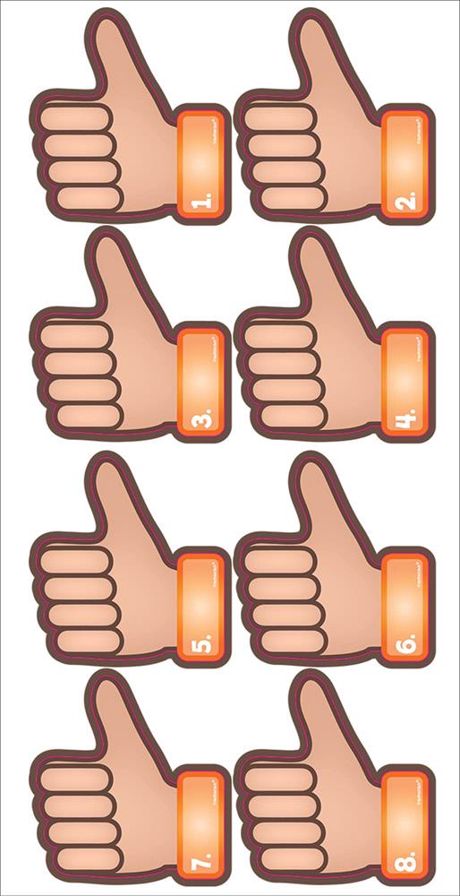 Set of eight foam thumbs-up hand emojis with orange wristbands, designed for party games.