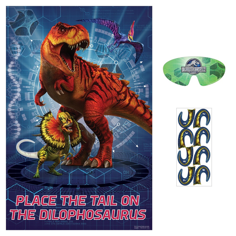 Jurassic World themed game with red and orange T-Rex and Dilophosaurus illustrations, blindfold, and dinosaur tail pieces on