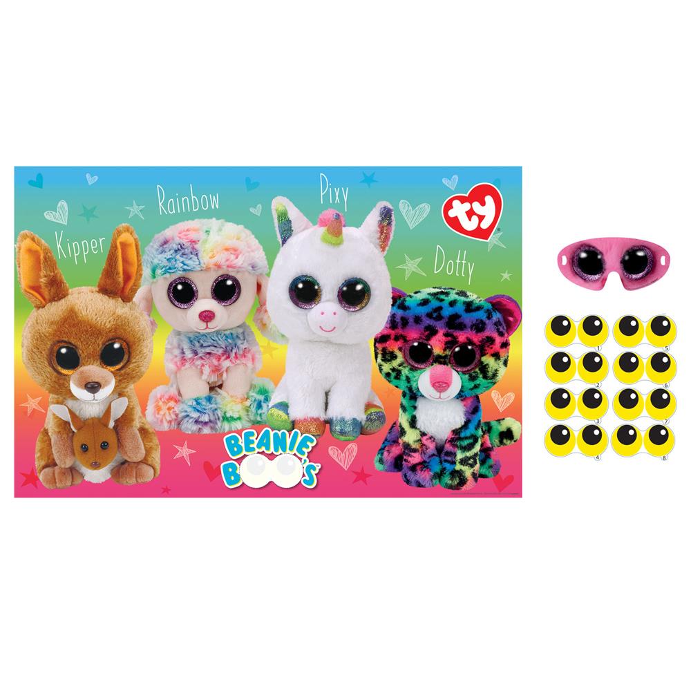 Colorful Beanie Boos Party Game box with four plush animal characters and two sheets of yellow and pink eye stickers.