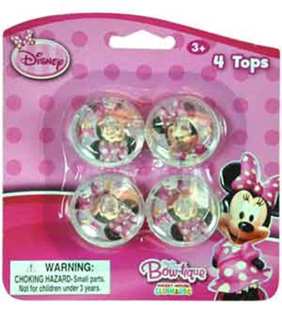 Set of four transparent plastic spinning tops featuring Minnie Mouse and pink polka dot packaging.
