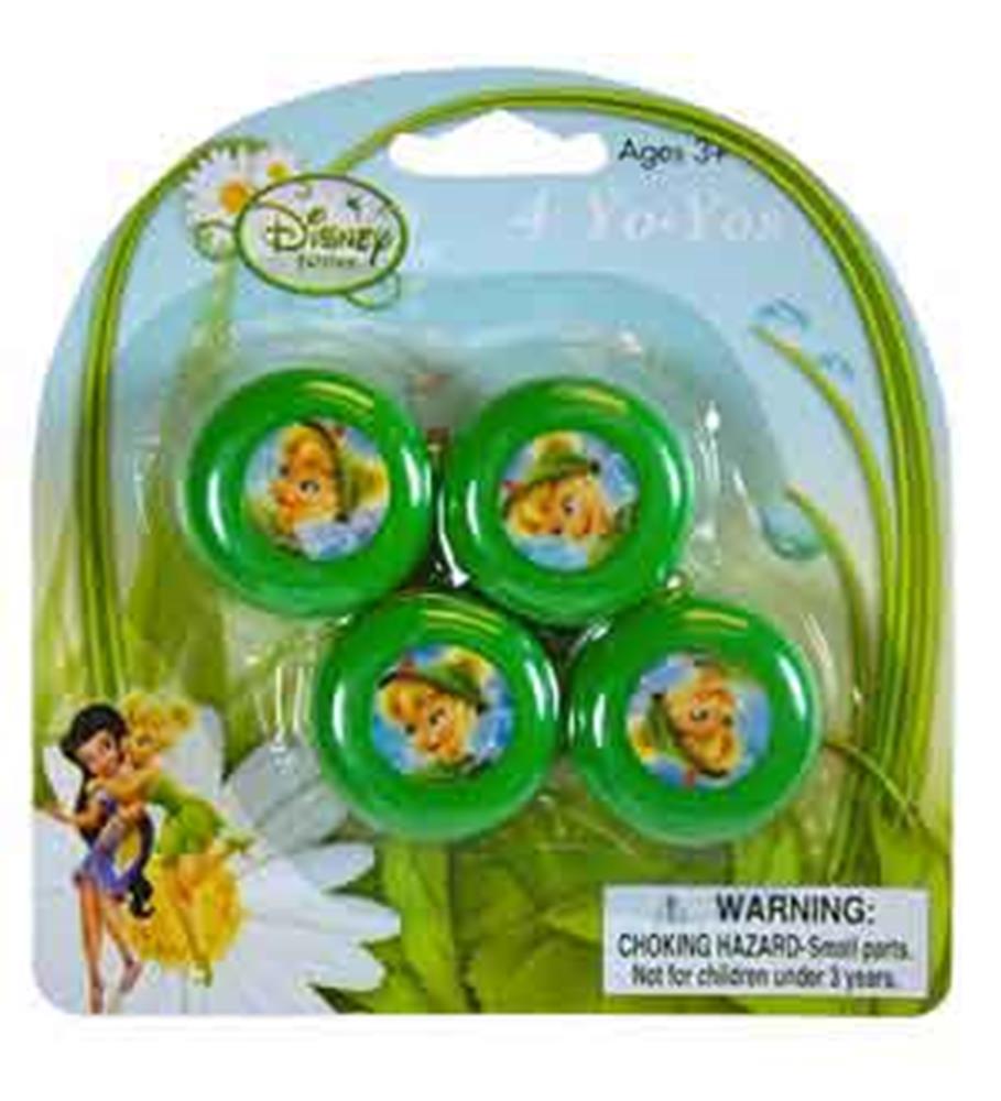 Set of four green mini yo-yos featuring Tinkerbell character graphics, packaged on a decorative card with floral and fairy.