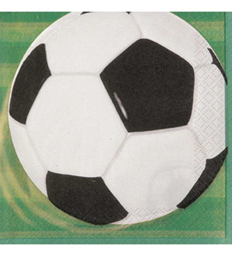 Round paper napkin shaped and printed like a classic black and white soccer ball with textured surface.