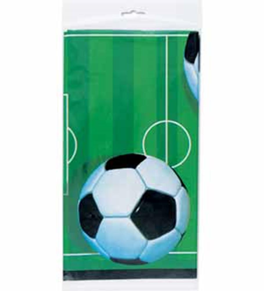 Green tablecover with white soccer field markings and a large black and white soccer ball design.