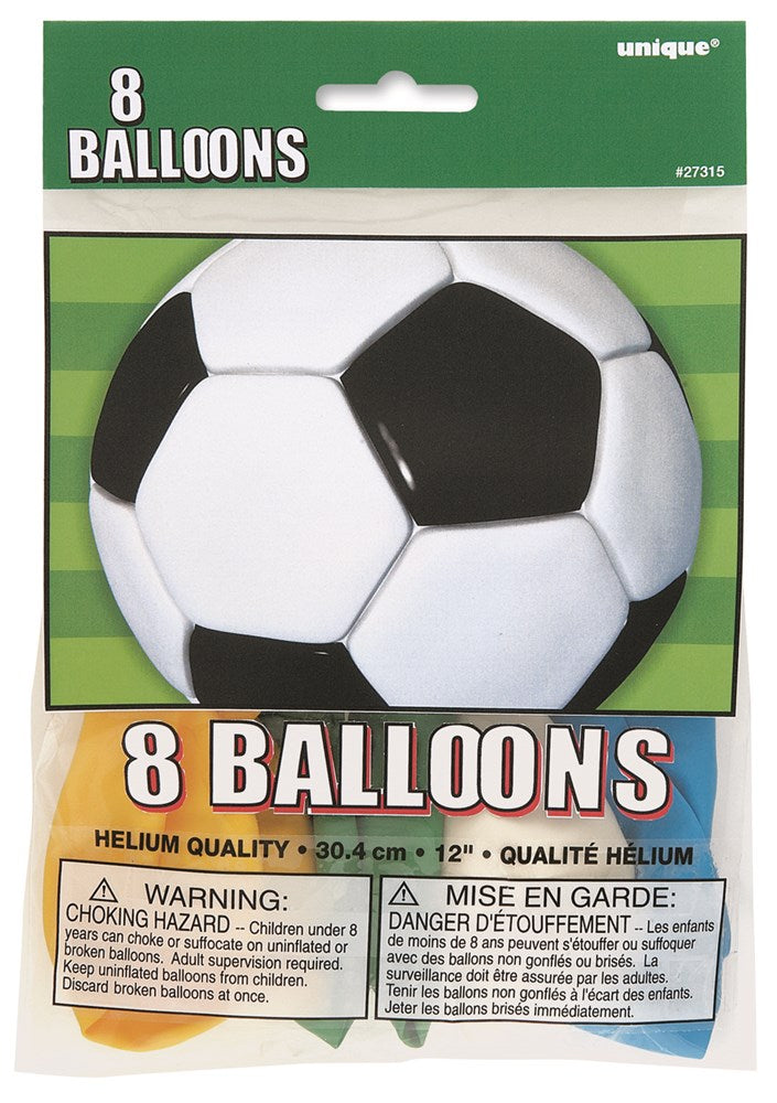 Set of 8 black and white 3D latex balloons shaped like classic soccer balls, 12 inches each.