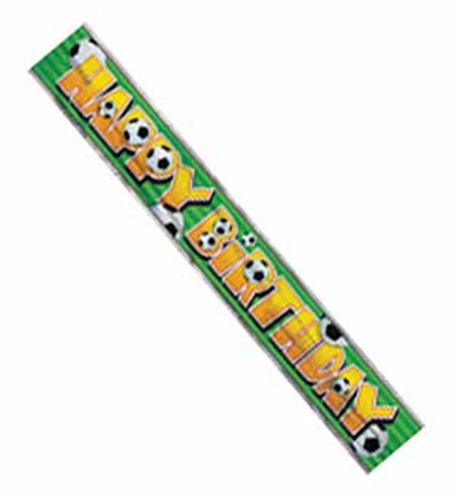 12 ft foil banner with green background and bold yellow "Happy Birthday" letters decorated with soccer balls.