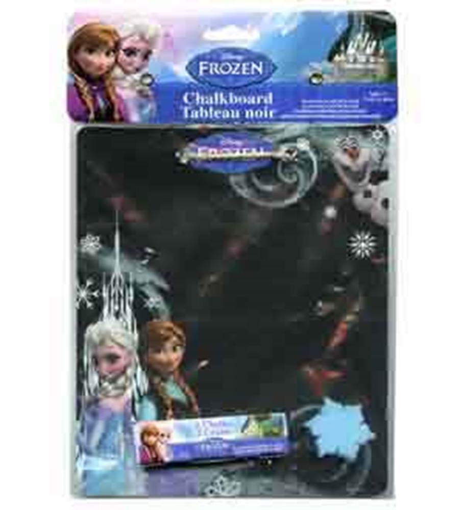 Rectangular black chalkboard with Frozen-themed border featuring characters Elsa, Anna, Olaf, and snowflakes in blue and.