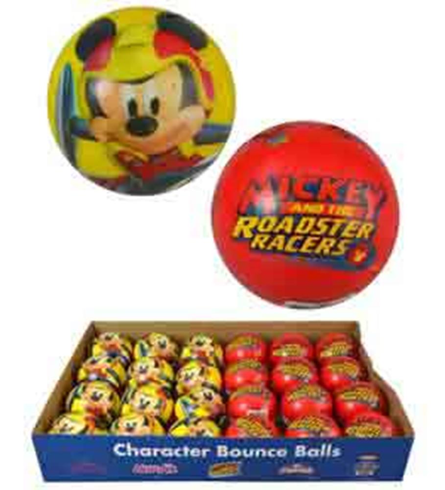 3-inch round Mickey Mouse foam balls with yellow and red designs, featuring Mickey's face and Roadster Racers logo,.