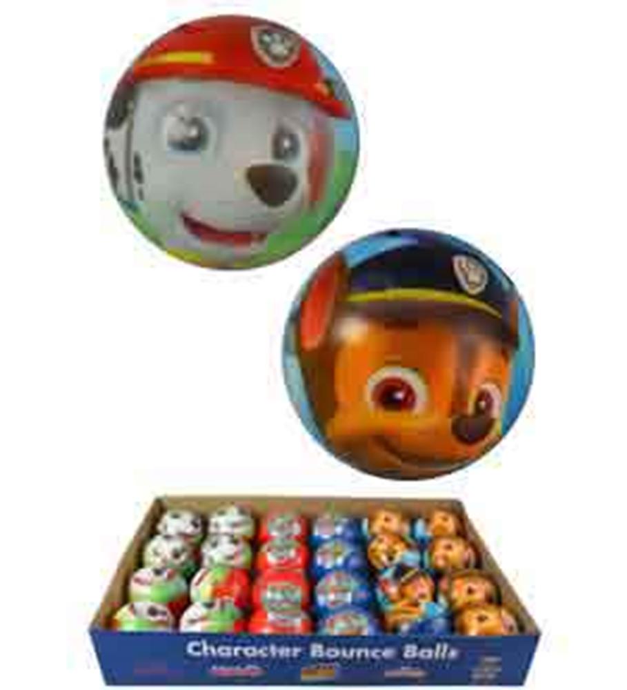 Colorful 3-inch foam balls featuring Paw Patrol characters Marshall, Chase, and Rubble, displayed in an open box.
